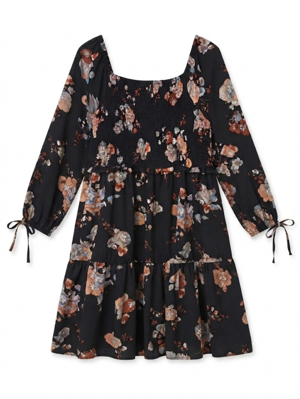 Floral Smocked Long Sleeve Dress - Black
